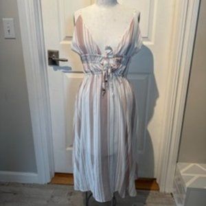 Tan and White Striped Midi Dress